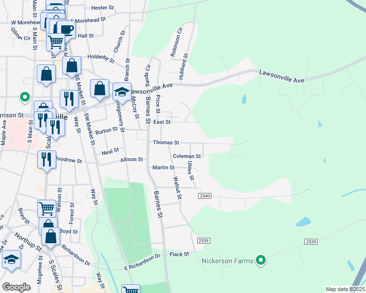 map of restaurants, bars, coffee shops, grocery stores, and more near 512 Coleman Street in Reidsville