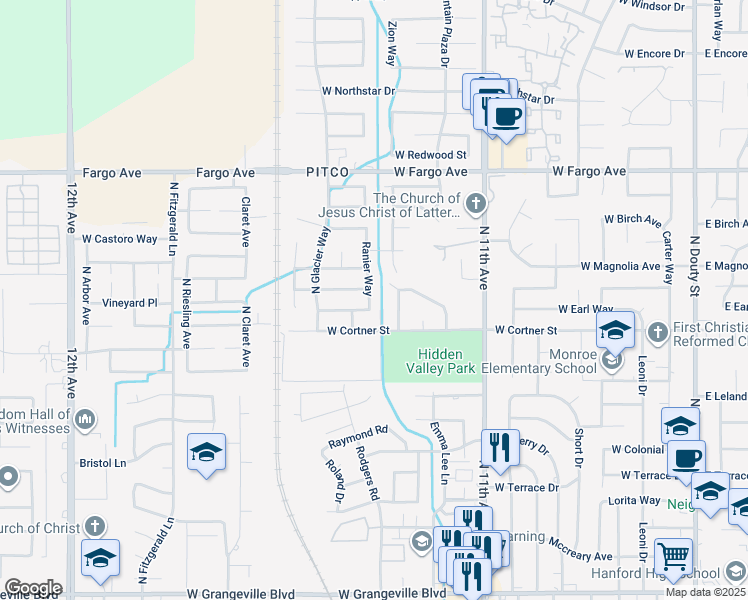 map of restaurants, bars, coffee shops, grocery stores, and more near 2253 Ranier Way in Hanford