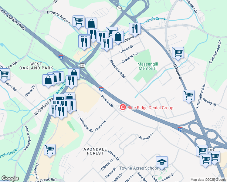 map of restaurants, bars, coffee shops, grocery stores, and more near 617 Hazel Street in Johnson City