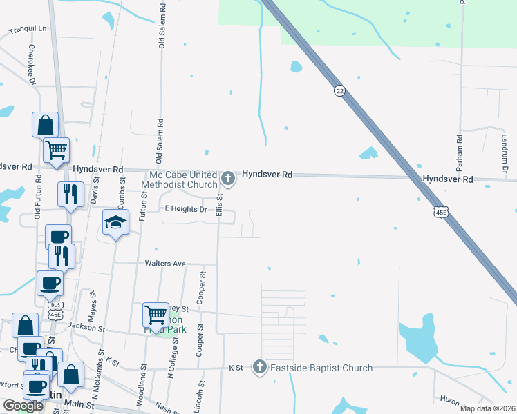 map of restaurants, bars, coffee shops, grocery stores, and more near 101a Penny Lane in Martin