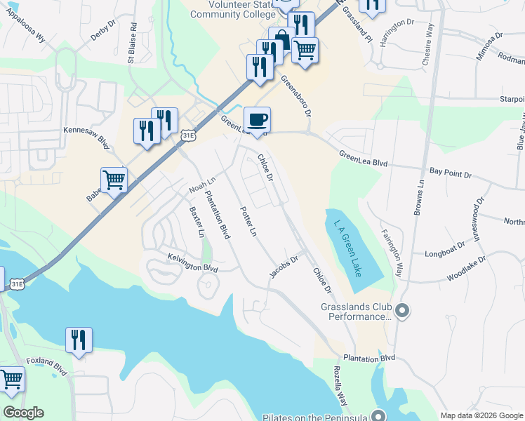 map of restaurants, bars, coffee shops, grocery stores, and more near 1203 Potter Lane in Gallatin