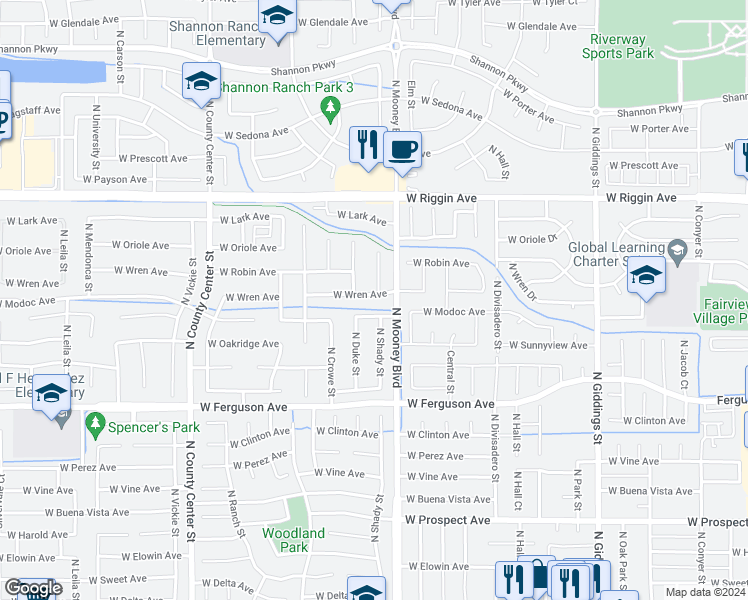 map of restaurants, bars, coffee shops, grocery stores, and more near 2201 West Wren Avenue in Visalia