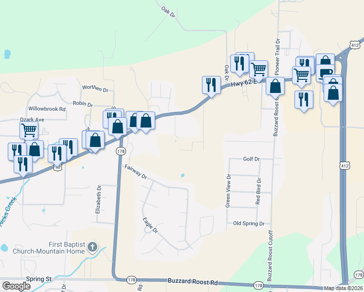 map of restaurants, bars, coffee shops, grocery stores, and more near 360 Terrace in Mountain Home