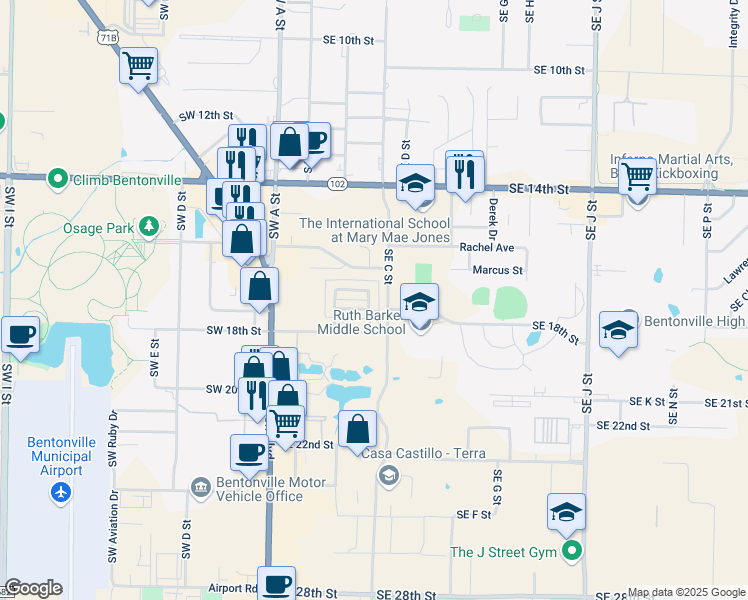 map of restaurants, bars, coffee shops, grocery stores, and more near 1605 Signature Drive in Bentonville