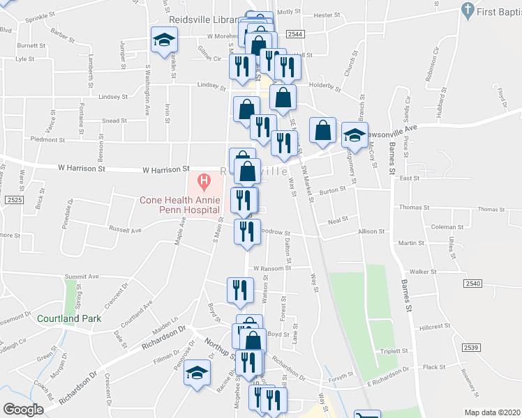 map of restaurants, bars, coffee shops, grocery stores, and more near 665 South Scales Street in Reidsville