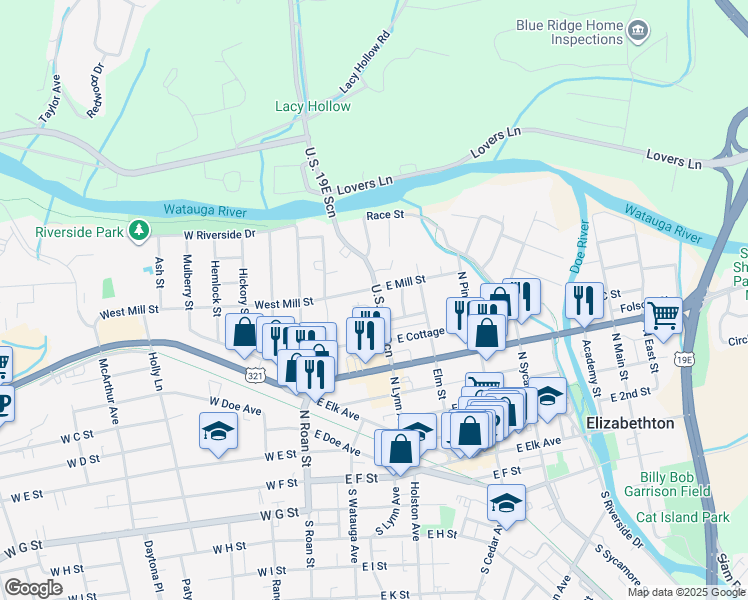 map of restaurants, bars, coffee shops, grocery stores, and more near 705 North Lynn Avenue in Elizabethton