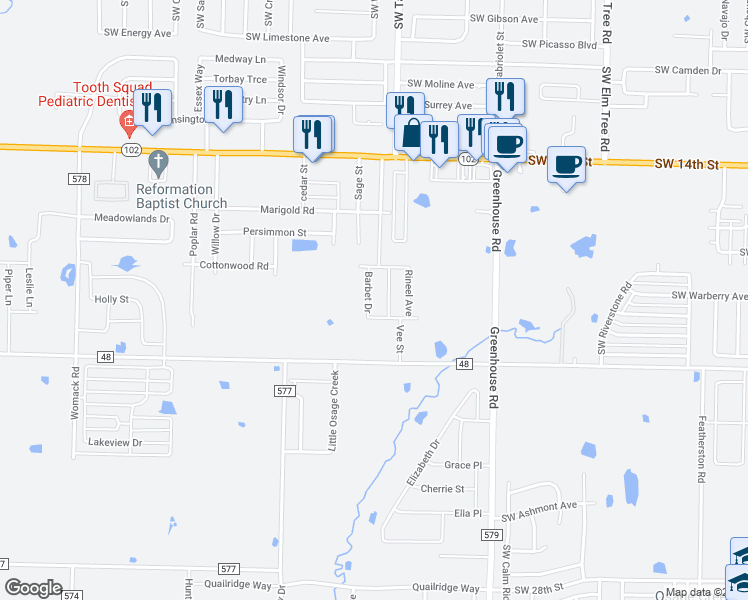 map of restaurants, bars, coffee shops, grocery stores, and more near 440 Barbet Drive in Centerton