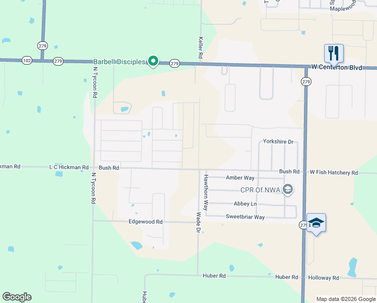 map of restaurants, bars, coffee shops, grocery stores, and more near 12800-12894 Bush Road in Centerton