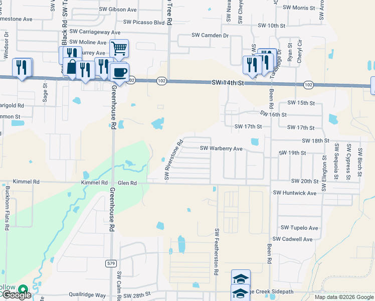 map of restaurants, bars, coffee shops, grocery stores, and more near 3300 Southwest Stoneway Avenue in Bentonville