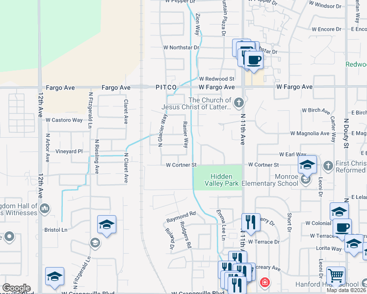 map of restaurants, bars, coffee shops, grocery stores, and more near 1066 Yellowstone Drive in Hanford