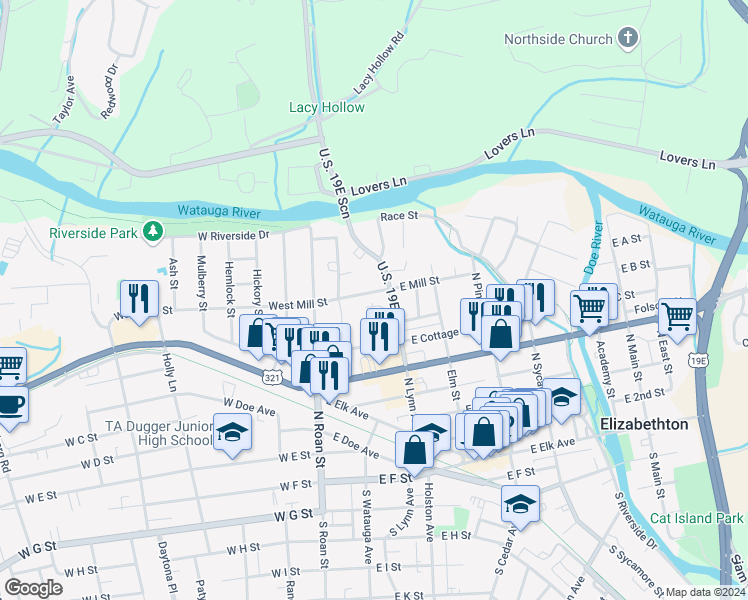 map of restaurants, bars, coffee shops, grocery stores, and more near 705 North Lynn Avenue in Elizabethton