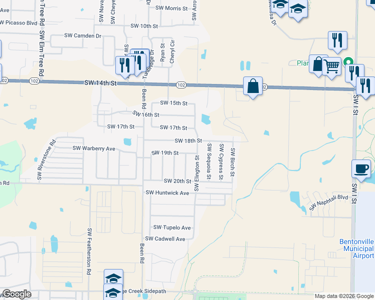 map of restaurants, bars, coffee shops, grocery stores, and more near 2204 Southwest 19th Street in Bentonville