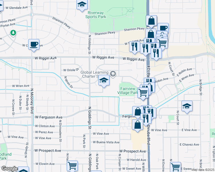 map of restaurants, bars, coffee shops, grocery stores, and more near 1051 West Robin Drive in Visalia