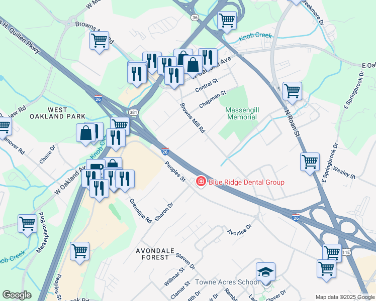 map of restaurants, bars, coffee shops, grocery stores, and more near 617 Hazel Street in Johnson City
