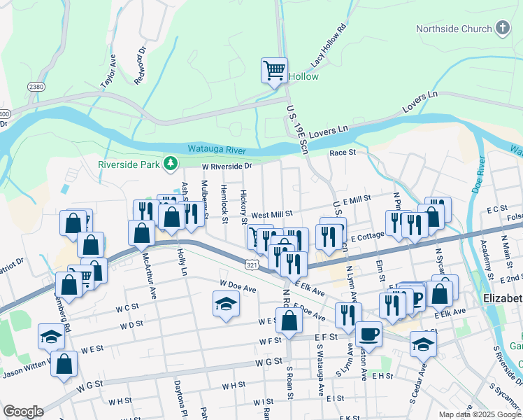 map of restaurants, bars, coffee shops, grocery stores, and more near 622 Walnut Street in Elizabethton