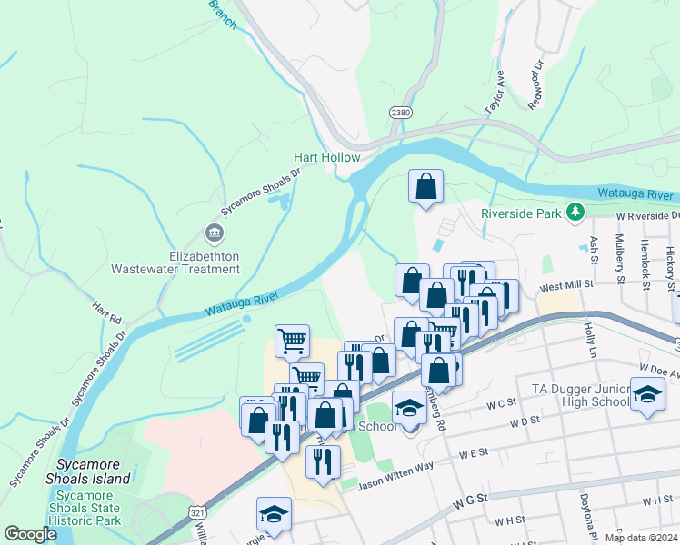 map of restaurants, bars, coffee shops, grocery stores, and more near 100 Stonewall Jackson Drive in Elizabethton