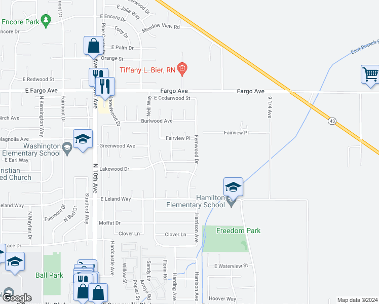 map of restaurants, bars, coffee shops, grocery stores, and more near 1039 Greenwood Court in Hanford