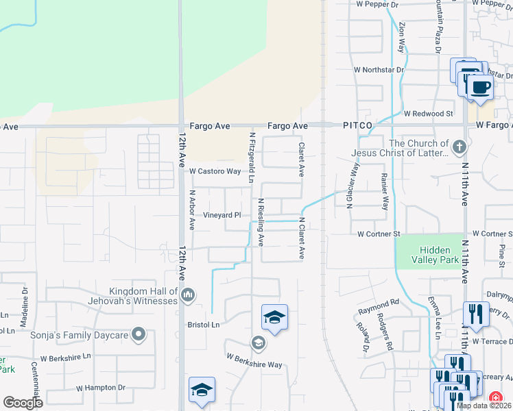 map of restaurants, bars, coffee shops, grocery stores, and more near 2292 North Fitzgerald Lane in Hanford