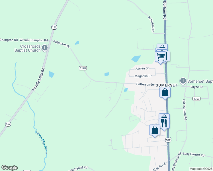 map of restaurants, bars, coffee shops, grocery stores, and more near 87 Primrose Lane in Roxboro