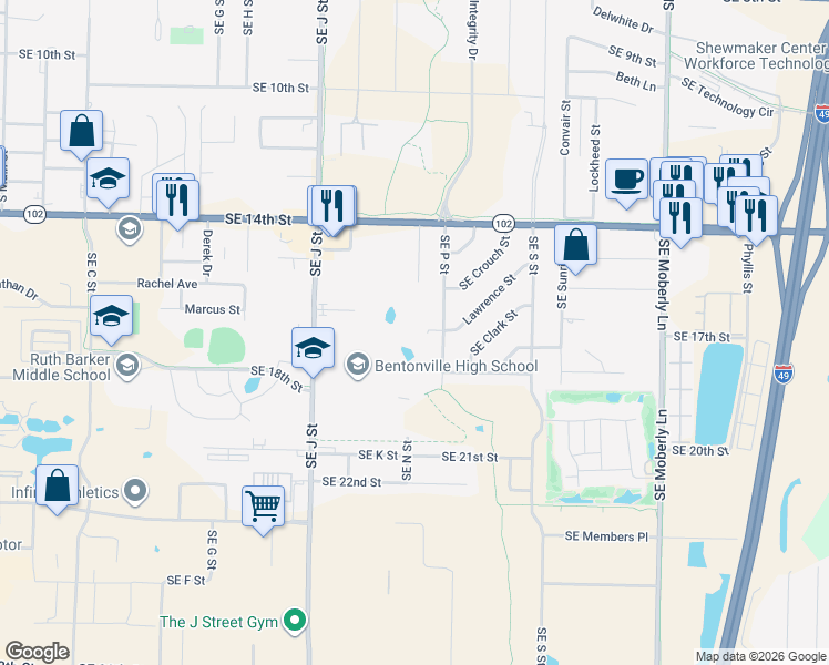map of restaurants, bars, coffee shops, grocery stores, and more near 1708 Southeast P Street in Bentonville