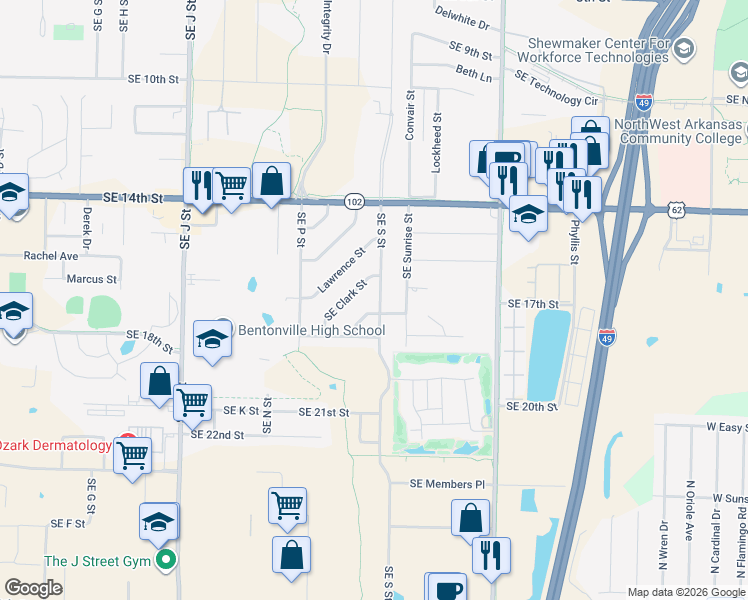map of restaurants, bars, coffee shops, grocery stores, and more near 1608 Southeast S Street in Bentonville