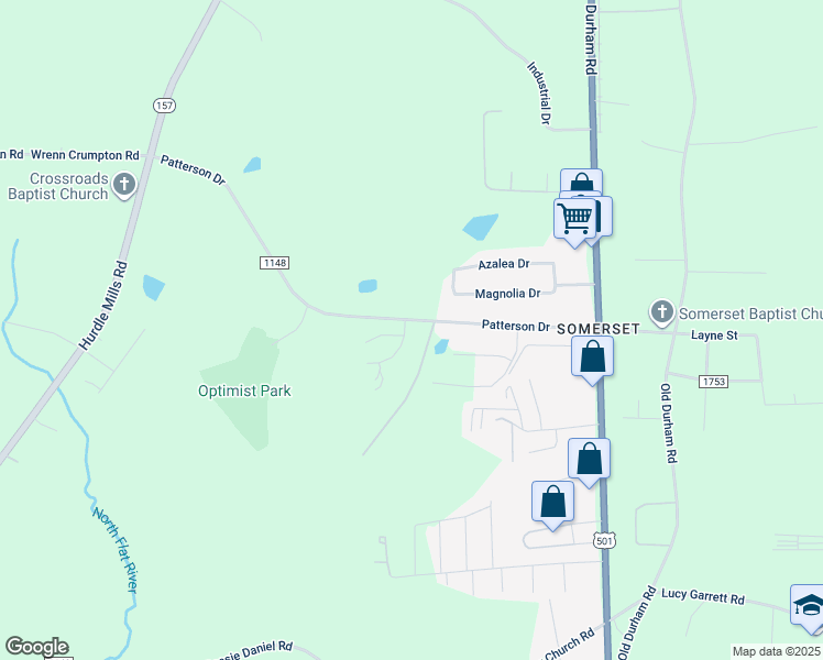 map of restaurants, bars, coffee shops, grocery stores, and more near 21 Honeysuckle Lane in Roxboro