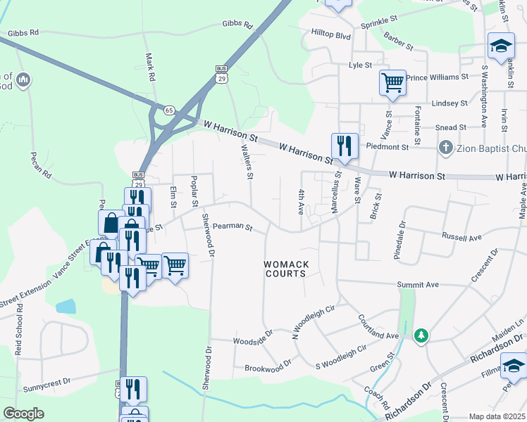 map of restaurants, bars, coffee shops, grocery stores, and more near 1506 Vance Street in Reidsville