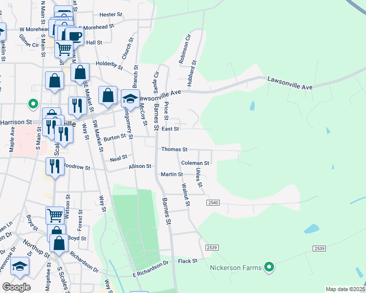 map of restaurants, bars, coffee shops, grocery stores, and more near 608 Thomas Street in Reidsville