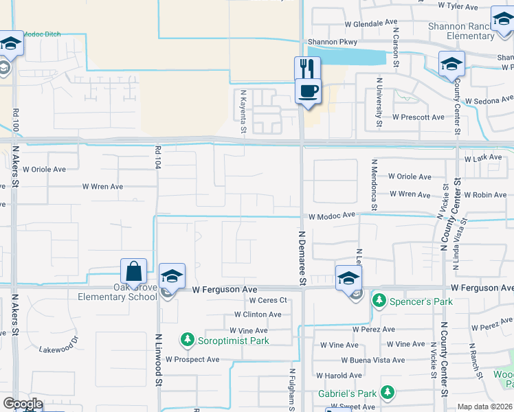map of restaurants, bars, coffee shops, grocery stores, and more near 2721 North Demaree Street in Visalia