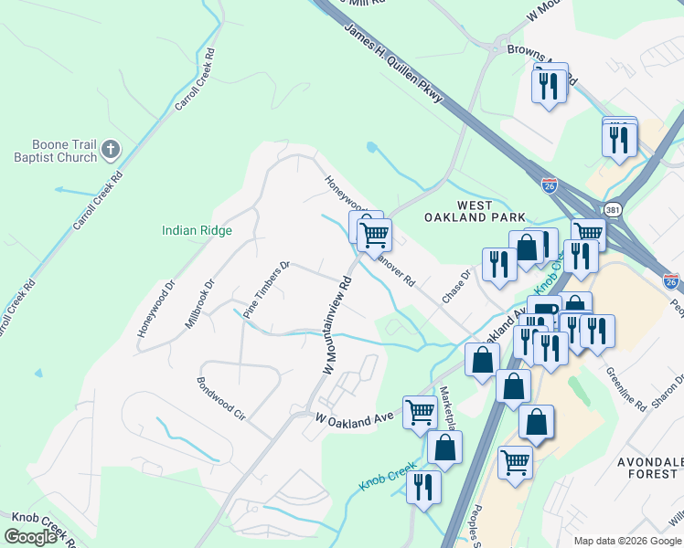 map of restaurants, bars, coffee shops, grocery stores, and more near 510 West Mountainview Road in Johnson City