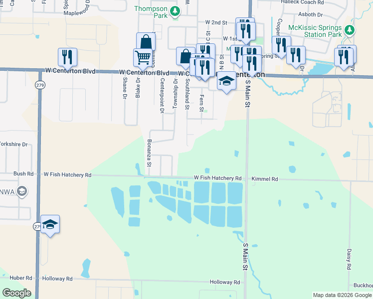 map of restaurants, bars, coffee shops, grocery stores, and more near 422 Southland Street in Centerton