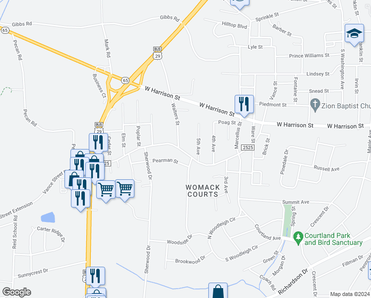 map of restaurants, bars, coffee shops, grocery stores, and more near 1508 Vance Street in Reidsville