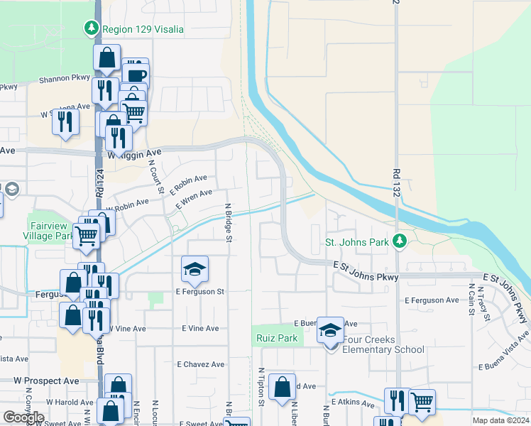 map of restaurants, bars, coffee shops, grocery stores, and more near 2525 North Liberty Court in Visalia