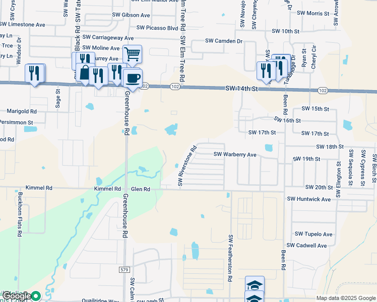 map of restaurants, bars, coffee shops, grocery stores, and more near 1702 Southwest Riverstone Road in Bentonville
