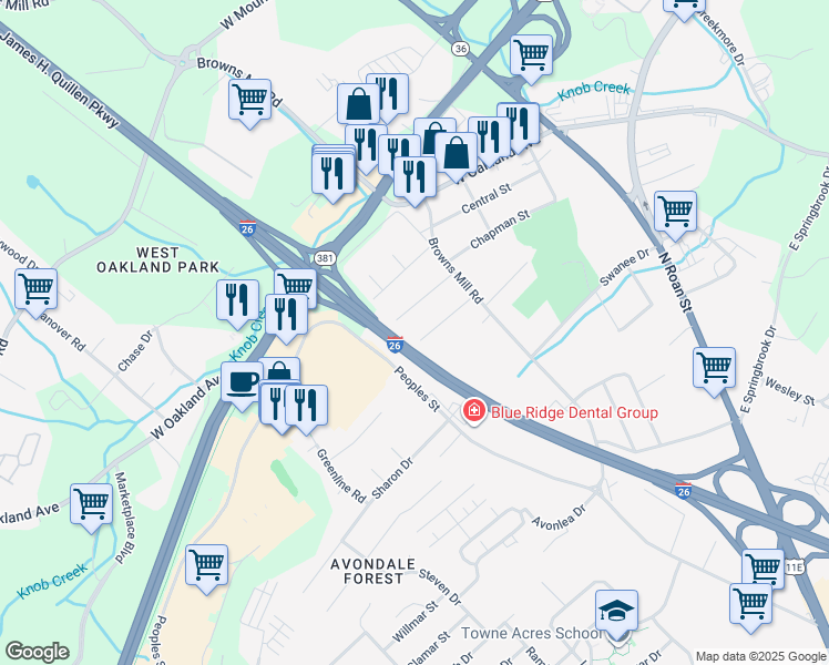 map of restaurants, bars, coffee shops, grocery stores, and more near 620 Hazel Street in Johnson City