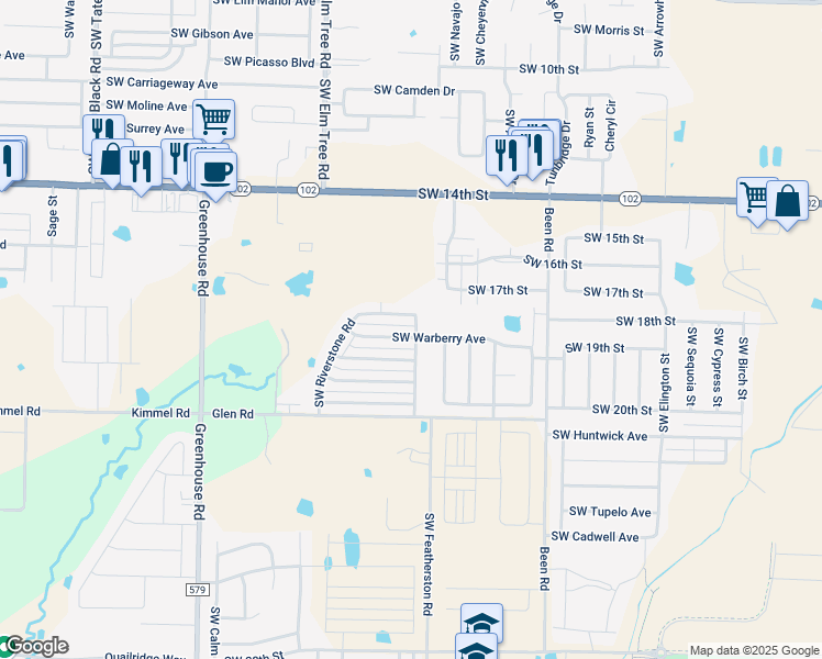 map of restaurants, bars, coffee shops, grocery stores, and more near 1701 Southwest Stonegrove Road in Bentonville