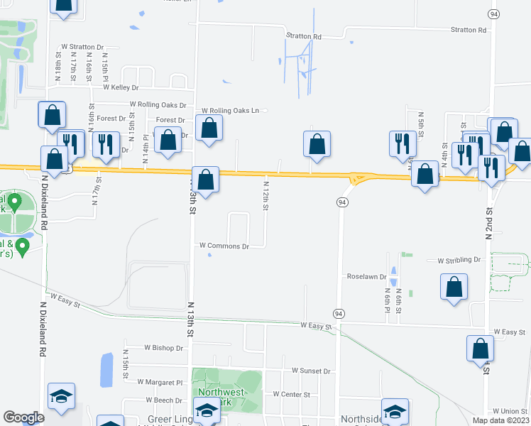 map of restaurants, bars, coffee shops, grocery stores, and more near 2225 North 12th Street in Rogers