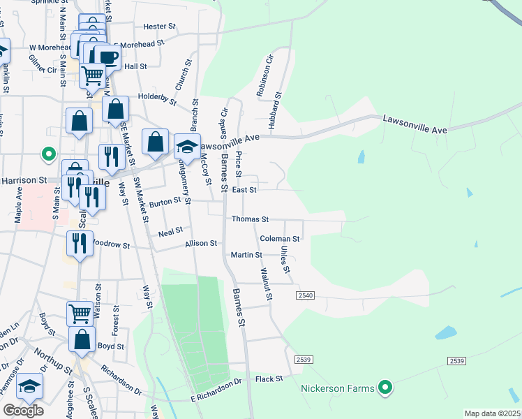 map of restaurants, bars, coffee shops, grocery stores, and more near 608 Thomas Street in Reidsville