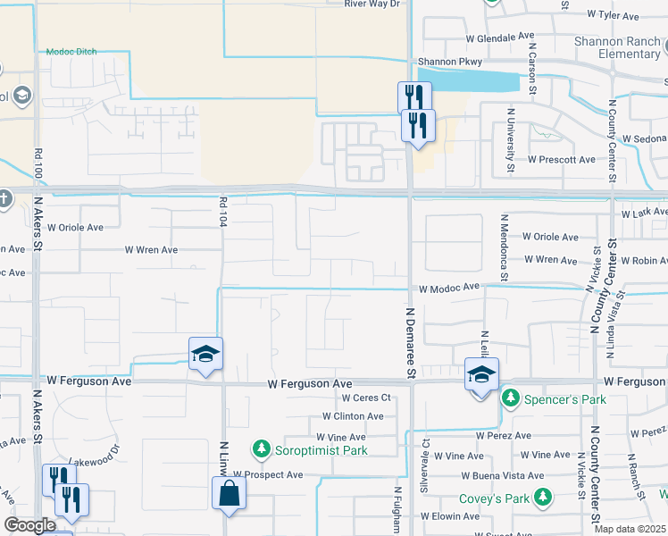 map of restaurants, bars, coffee shops, grocery stores, and more near 2721 North Demaree Street in Visalia