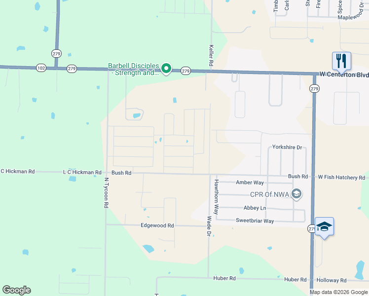 map of restaurants, bars, coffee shops, grocery stores, and more near 12910 Bush Road in Centerton