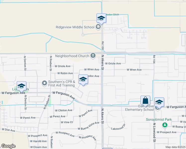 map of restaurants, bars, coffee shops, grocery stores, and more near 5420 West Modoc Avenue in Visalia