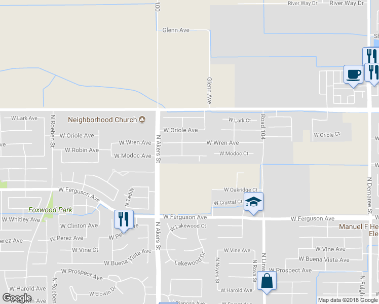 map of restaurants, bars, coffee shops, grocery stores, and more near 5032 West Modoc Avenue in Visalia
