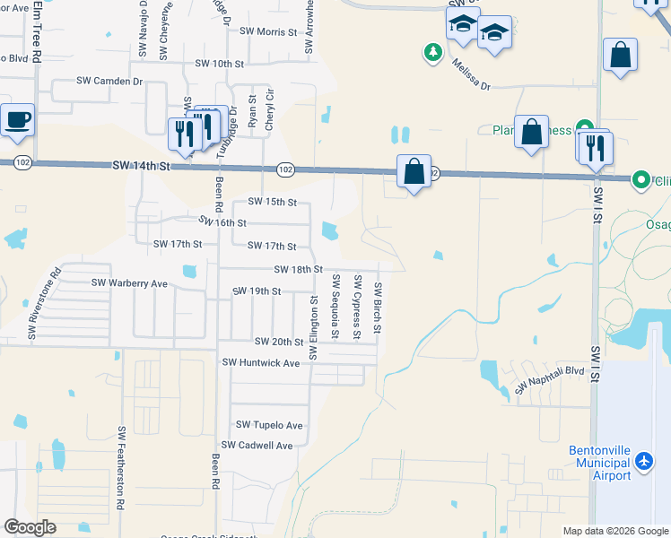 map of restaurants, bars, coffee shops, grocery stores, and more near 1904 Southwest 18th Street in Bentonville