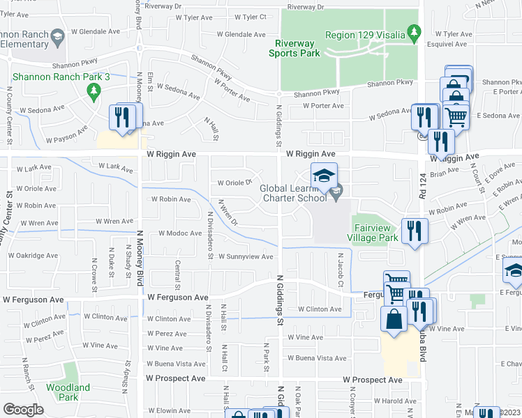 map of restaurants, bars, coffee shops, grocery stores, and more near 1347 West Robin Avenue in Visalia