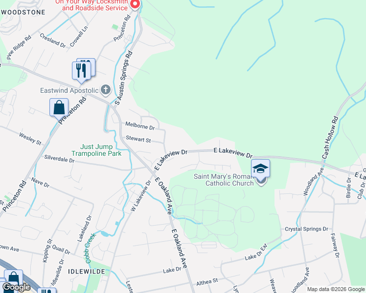 map of restaurants, bars, coffee shops, grocery stores, and more near 2422 East Lakeview Drive in Johnson City