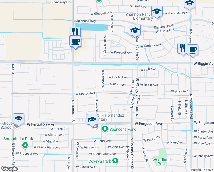 map of restaurants, bars, coffee shops, grocery stores, and more near 3431 West Wren Avenue in Visalia