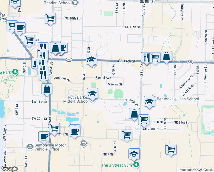 map of restaurants, bars, coffee shops, grocery stores, and more near 806 Marcus Street in Bentonville
