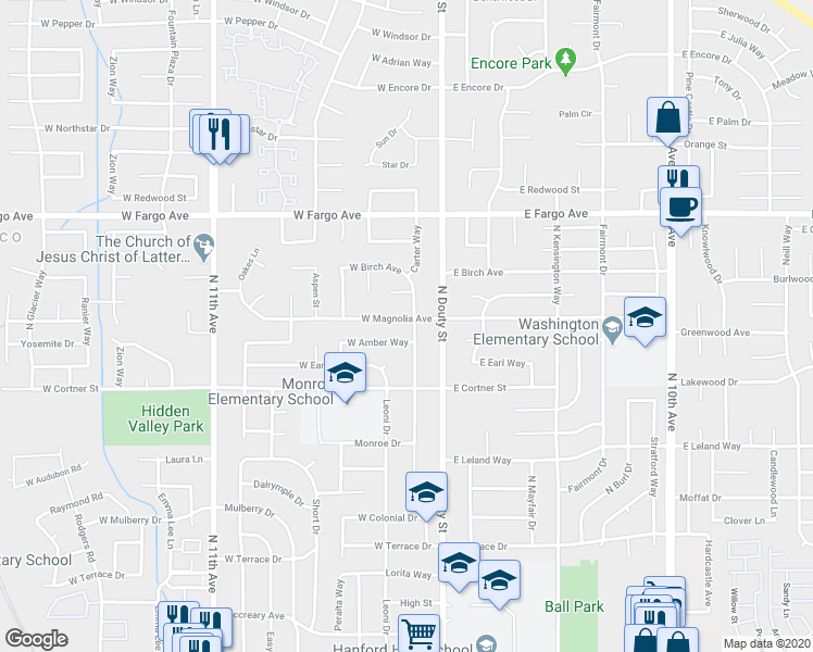 map of restaurants, bars, coffee shops, grocery stores, and more near 165 West Magnolia Avenue in Hanford
