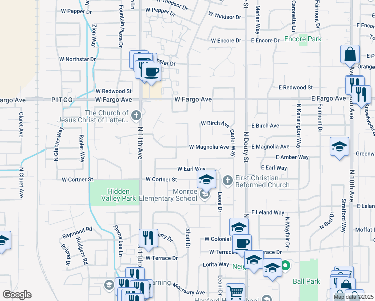map of restaurants, bars, coffee shops, grocery stores, and more near 200-392 West Magnolia Avenue in Hanford
