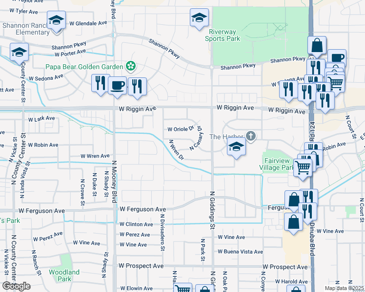 map of restaurants, bars, coffee shops, grocery stores, and more near 1526 North Canary Drive in Visalia